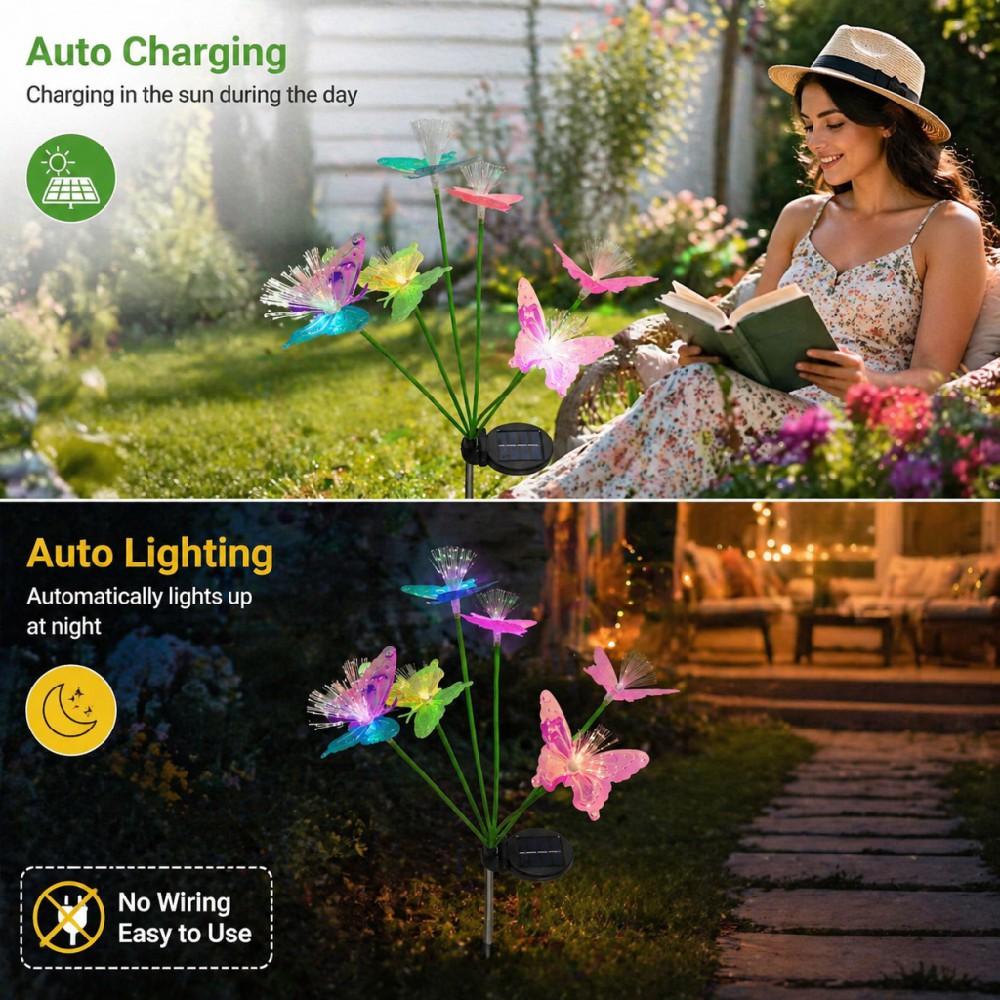 2PCs Colorful Multi-Head Solar Butterfly Stake Lights 2 Modes Waterproof Outdoor Garden Pathway Landscape Decor Lamp
