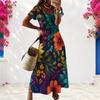 Women Plus Size V Neck Short Sleeve Floral Printed Straight Long Dress