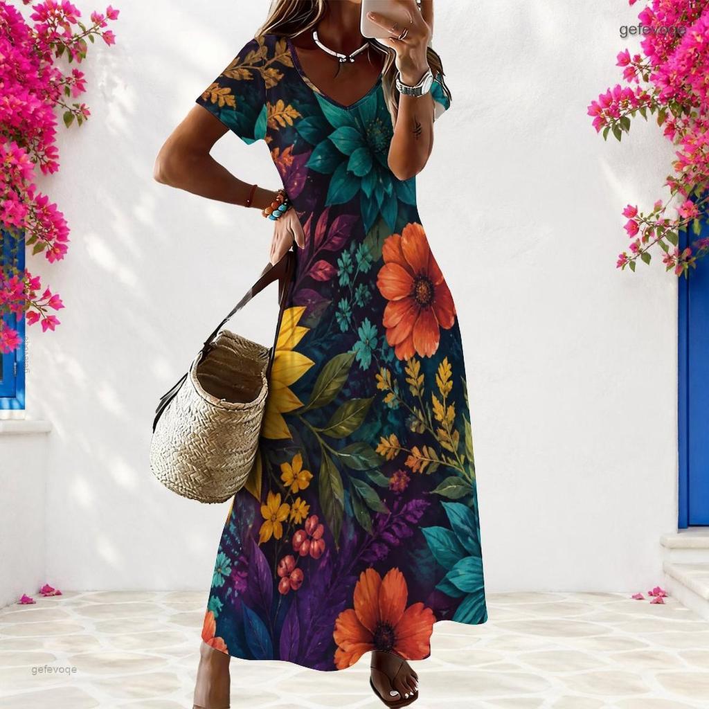 Women Plus Size V Neck Short Sleeve Floral Printed Straight Long Dress