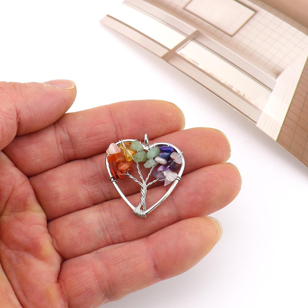 Hand-Wrapped Natural Gravel Heart Tree of Life Crystal Necklace Pendant