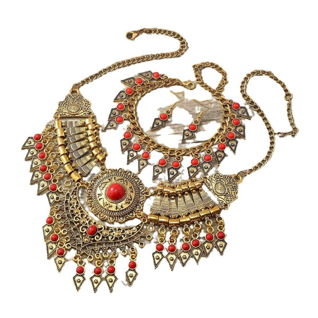 Tibetan Ethnic Tassel Jewelry Set: Necklace, Earrings, Bracelet & Sweater Chain