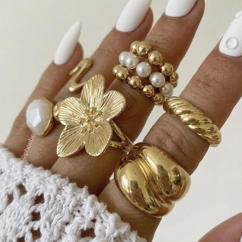 Ingemark 6Pcs/Set Vintage Creative Flower Metal Rings Women Wedding Boho Imitation Pearls Knuckle Ring Fashion Jewelry Steampunk