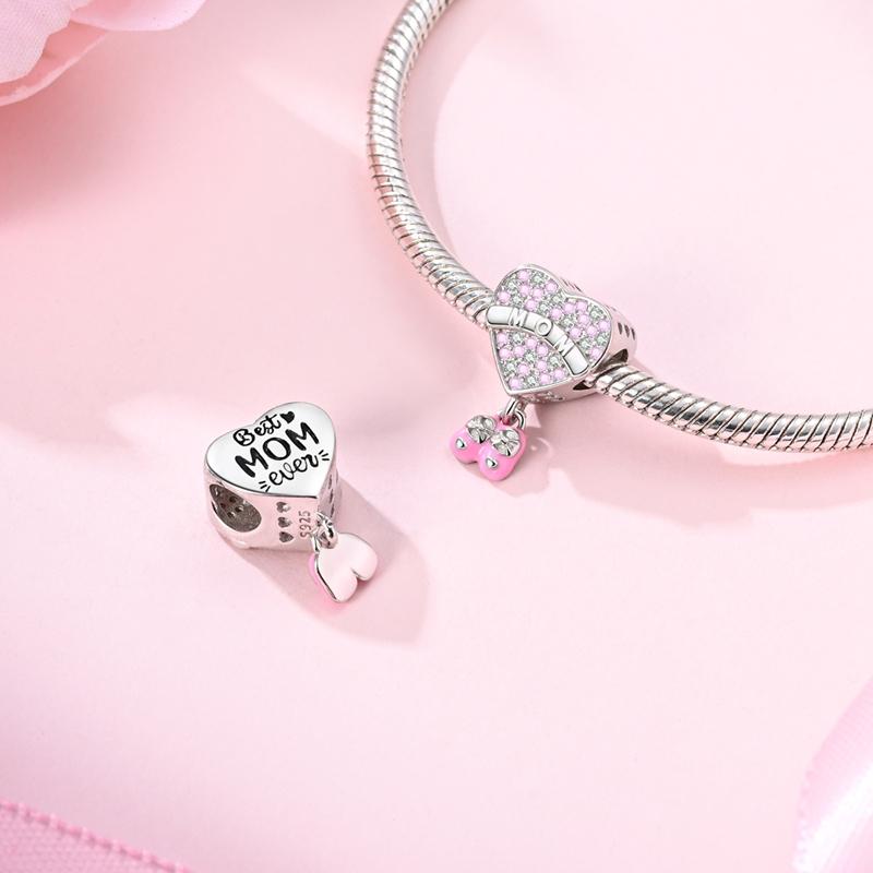 Mother'S Daycopper Love Mom Pink Heart Charms Fit Original Bracelet Necklace Diy Bead For Women Jewelry Making Gift