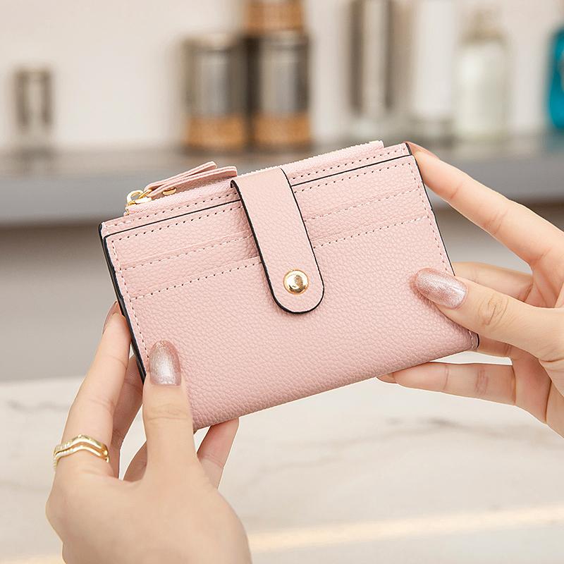 Women's ultra-thin pocket with multiple card slots wallet, minimalist double fold credit card clip, zippered zero wallet