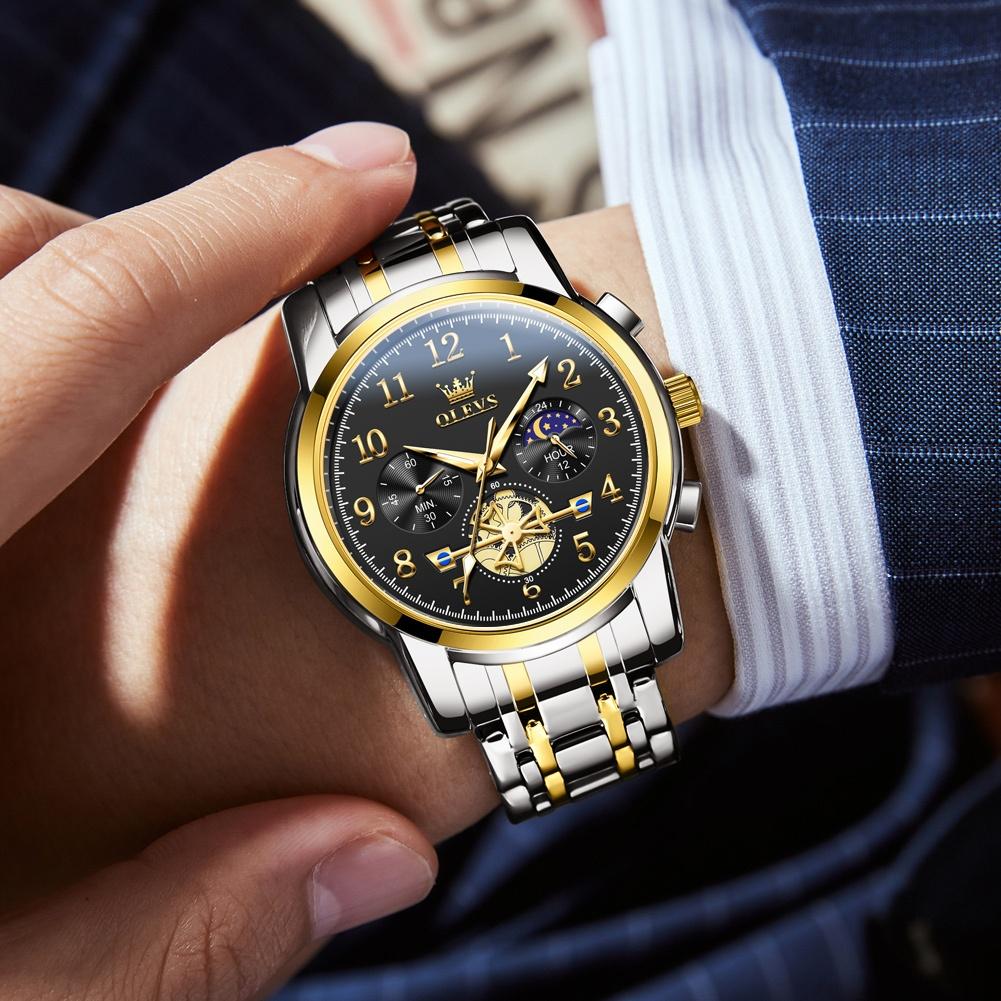 OLEVS Fashion Business Mens Wristwatches Gold Clock Male Stainless Steel Waterproof Calendar Quartz Watches