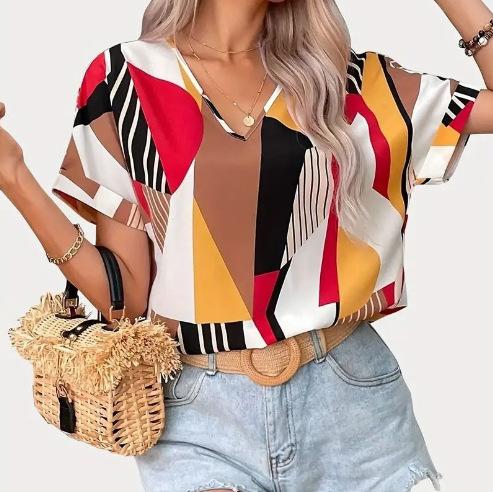 Europe, America 1116 summer new v-neck printed short-sleeved top women's geometric pattern contrasting shirt