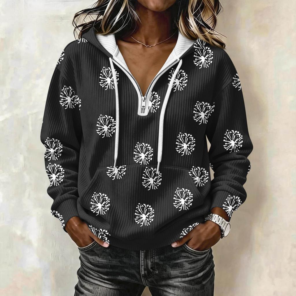 Women's Fashion Long Sleeve Polka Dot Print Hooded Pullover Sweatshirt