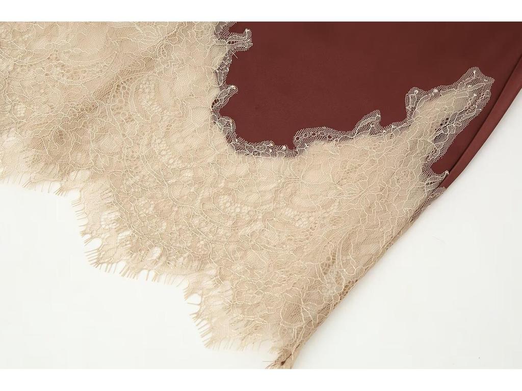 2025 Autumn European Women's Color Block Lace Silk Satin Skirt