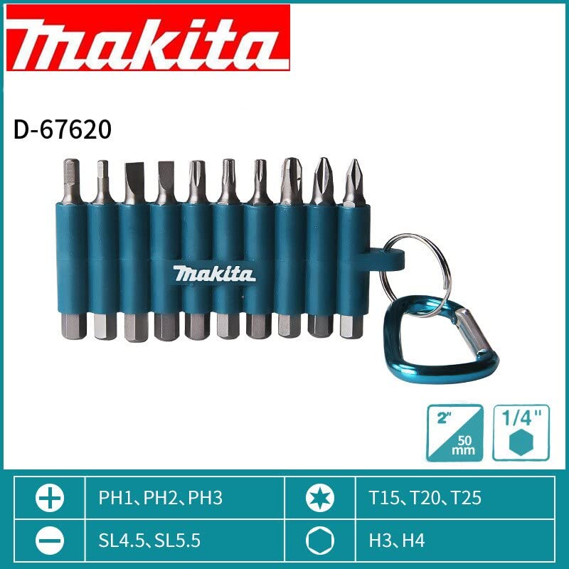 Makita Impact Driver Bit Set of 10 with Hex 13mm Groove Carabiner, D-67620, 6.35mm Shank, [Used]