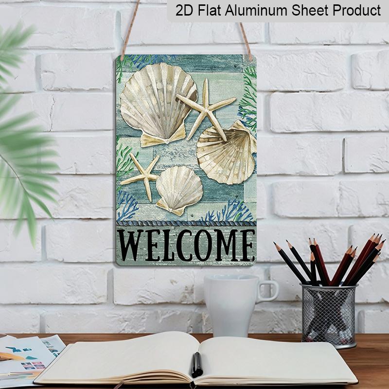 2D Flat, 1pc Nautical "Welcome" Seashell & Starfish Metal Wall Art Sign - 8*12 Inch Aluminium Rustic Beach House Decor, Coastal Watercolor Style