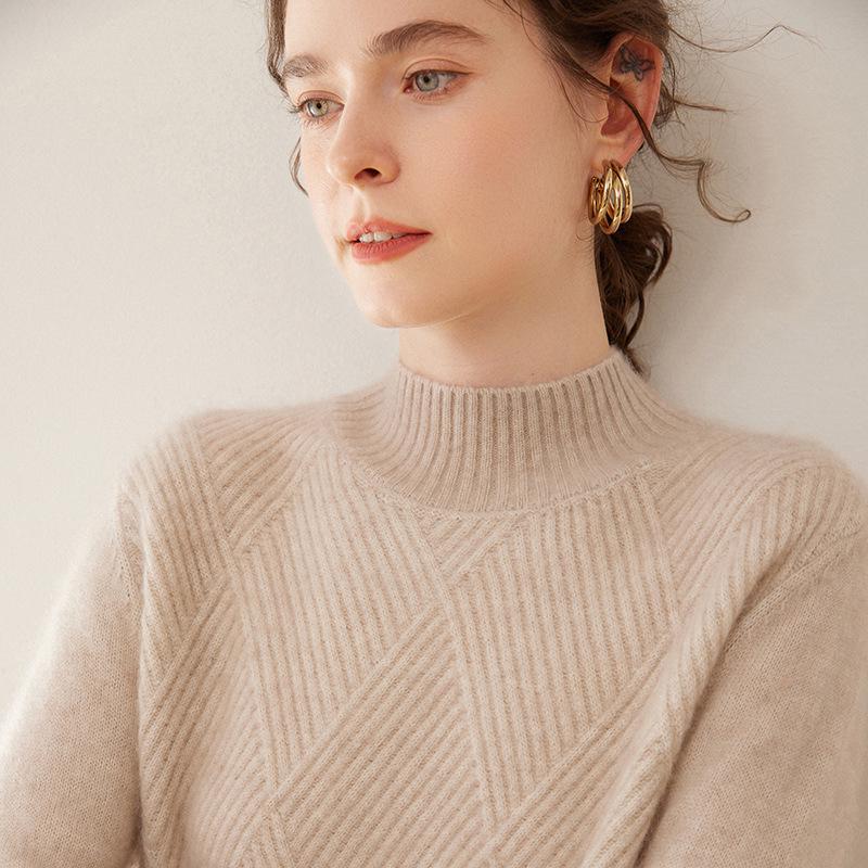 Women's Diamond Pattern Cashmere Knit Sweater: Half-High Collar, Long Sleeves, Loose Fit, Warm, Soft, Comfortable, Skin-Friendly.