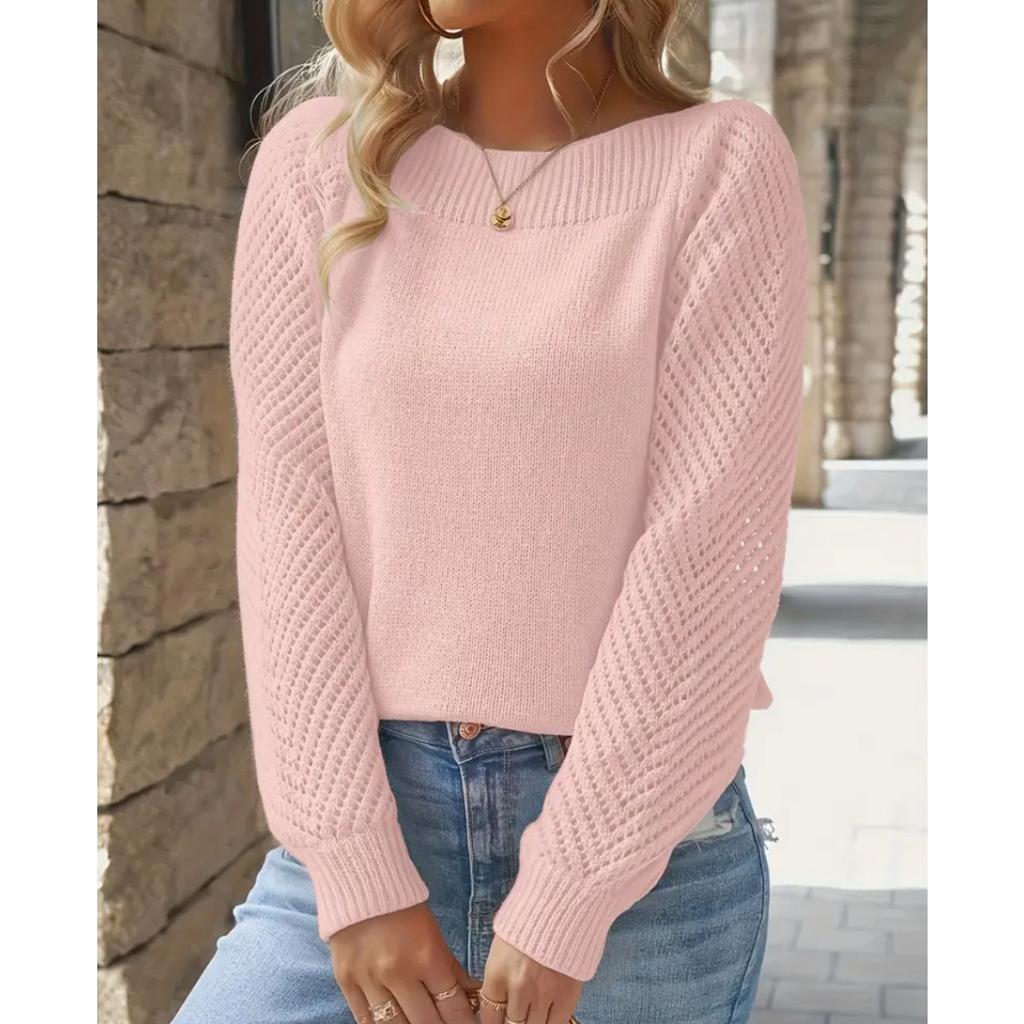 Suéter de Mujer Primavera y Otoño Color Sólido Calado Manga Larga Un Hombro Jersey de Punto Top