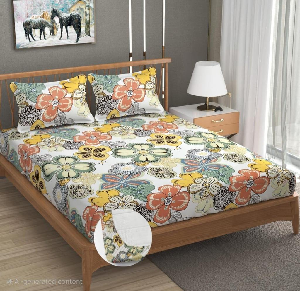 Premium Cotton Elastic Fitted Bedsheets  | Size: Bedsheet - 198.12CM x 182.88CM + 25.4CM (Drop) Pillow Cover -  46 cm x 68 cm