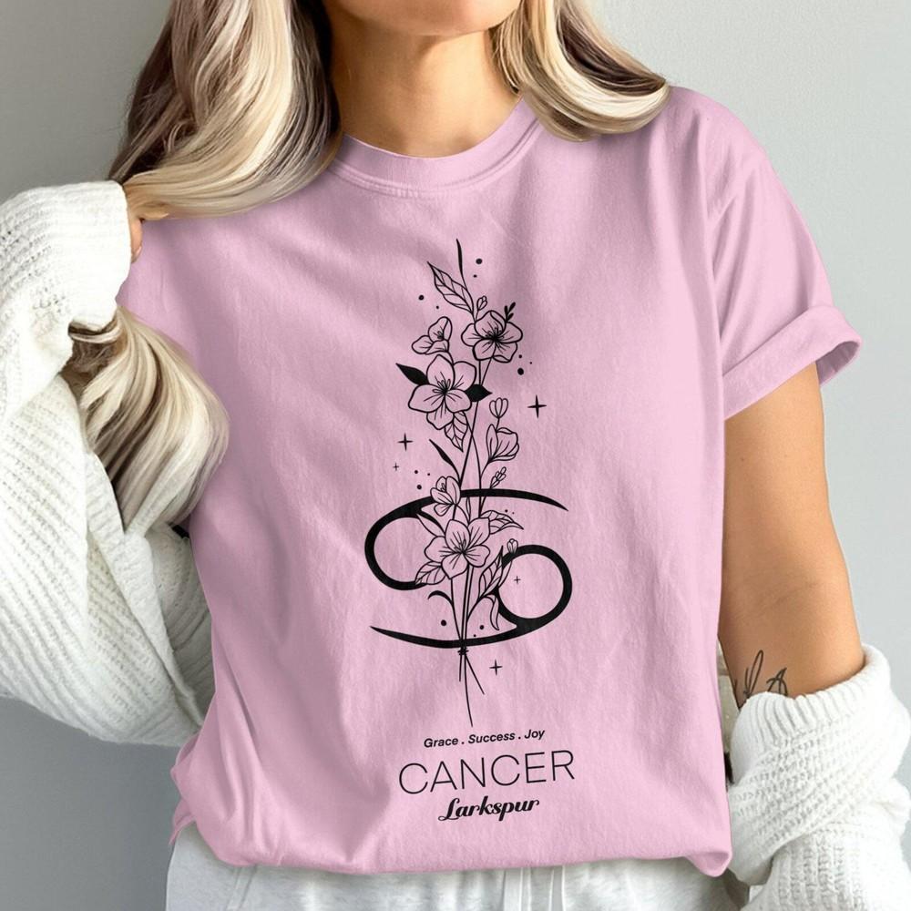 Cancer Zodiac Larkspur Flower Design Astrology Graphic Unique Light Pink T-Shirt Unisex T-Shirt L