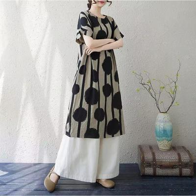 Real Shot Summer Thin Cotton and Linen Literary Retro Loose Short Sleeve Fat Mm Knee Dress Women