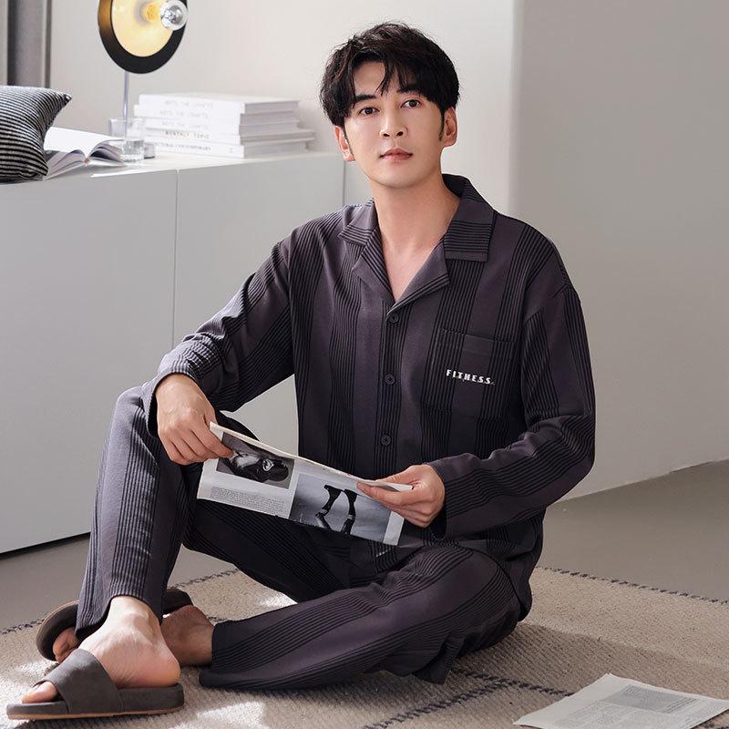 Pajamas Men'S Spring And Autumn Autumn Cotton Long Sleeve Loungewear Men'S Thin Suit