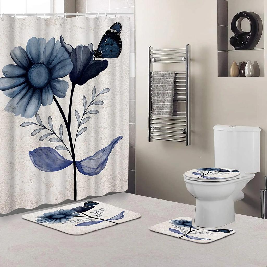 Butterfly Big Flower Blue Watercolor Flower Broken Flower Bathroom Shower Curtain Set Bath Mats Rugs Toilet Lid Cover Rugs Decor