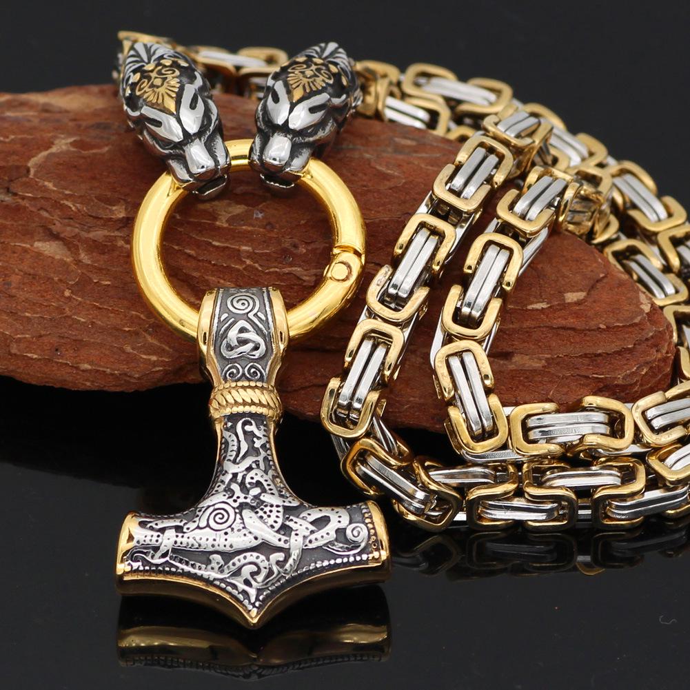 Men s Gold Viking Dragon Head Steel Thor s Hammer Necklace
