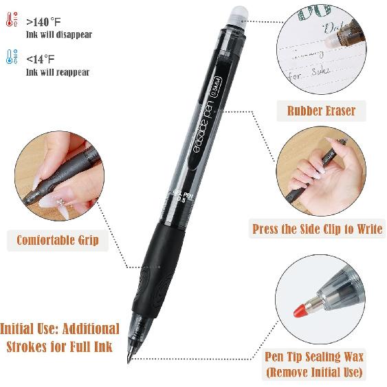 BAYTORY 16Pcs Retractable Erasable Pens with Eraser Clear, 0.5mm Fine Point Gel Ink Pen, Smooth Writing Comfortable to Use for Taking Marking Planner