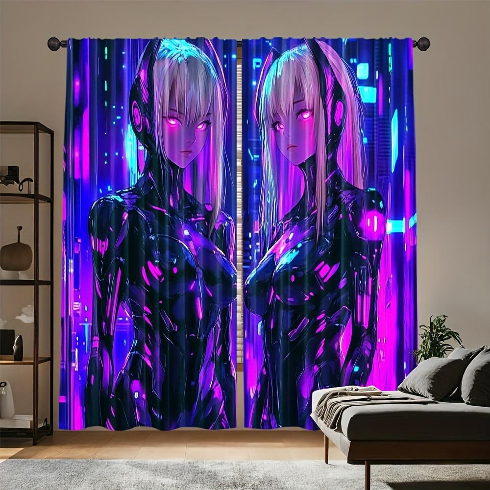 2pc Cyberpunk Anime Curtains – Neon Futuristic Design   Rod Pocket for Living Room   Bedroom & Office (Rod Not Included)