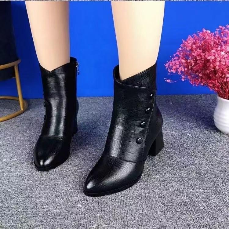 Women Short Boots Autumn Winter Leather Short Mid Barrel Mid Heel Fleece Boots