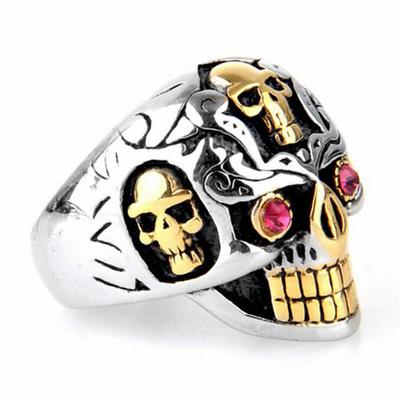 S925 Silver Ring Thickened Personalized Motorcycle Gold Ruby Eyes Skull Men's Ring