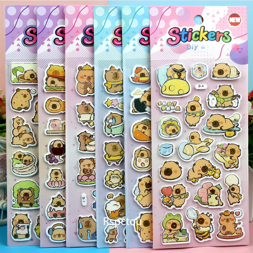 6pcs Cute Animal Capybara 3D Puffy Relief Stickers Kawaii Creative Bubble Decals Notebook Stationery Phone Funny Cartoon Sticker
