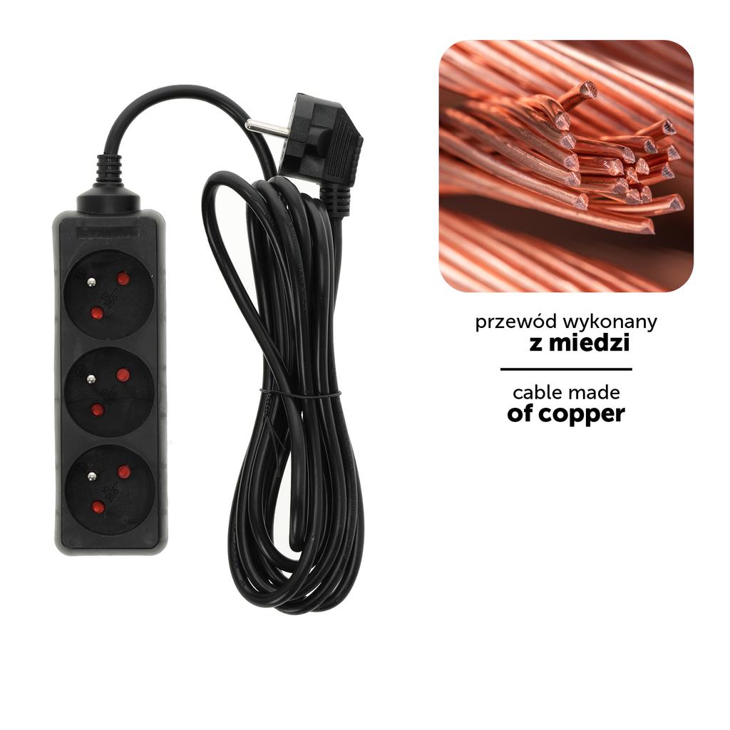 Extension cord, 3 sockets, 3 , with grounding, black