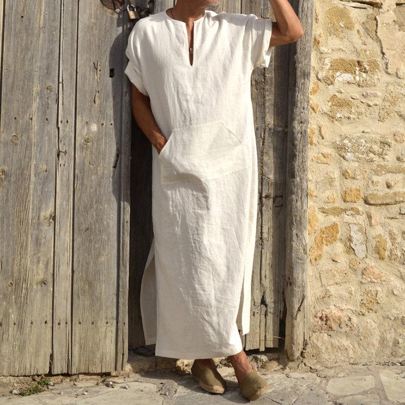 Herren Plus Size Vintage Muslim Robe V-Ausschnitt Casual Loose Langarm Kleid