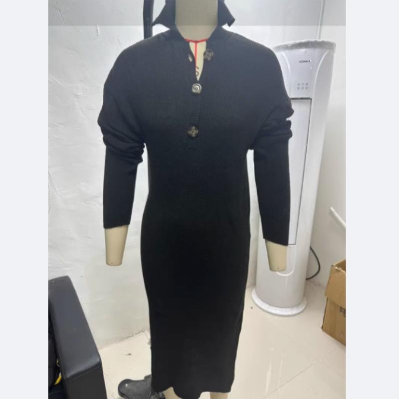 שמלת סוודר אלגנטית לנשים עם צווארון, גזרה ישרה רפויה, חצאית עיפרון באורך בינוני, שמלת חורף חמימה ורכה ליום יום לסתיו ולחורף