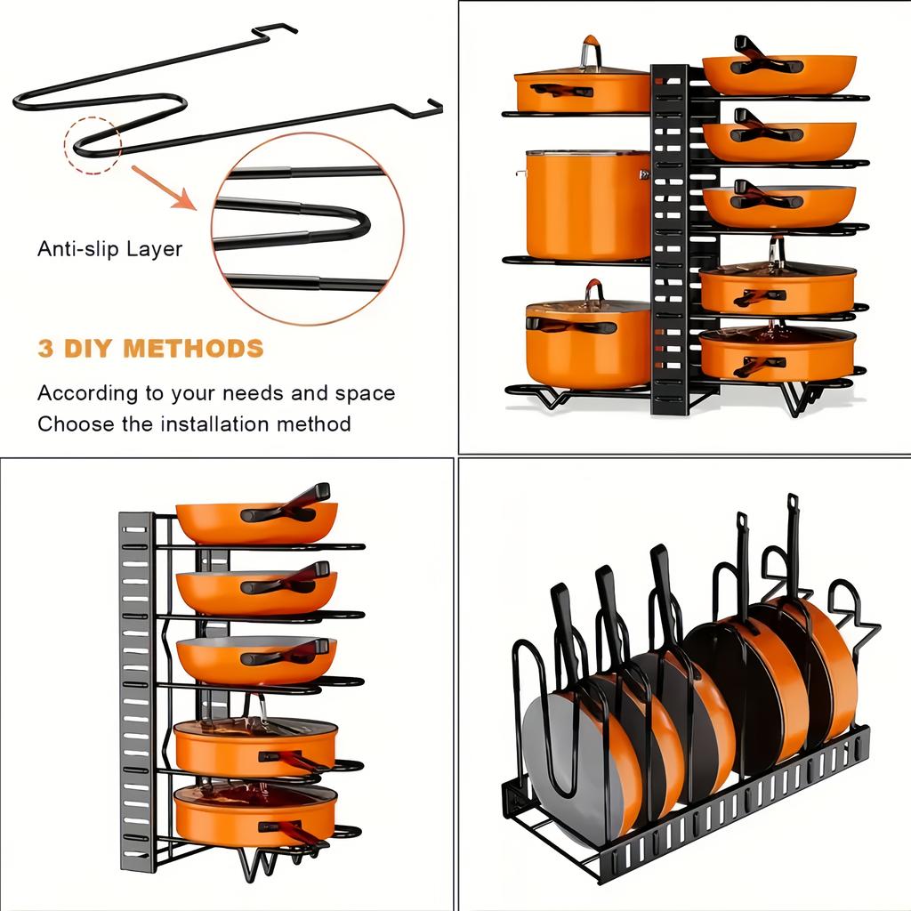 8 Layer Iron Pot Rack Trimmers, Heavy Metal Pot Storage, Anti-rust Kitchen Rack with Skid Resistant Course