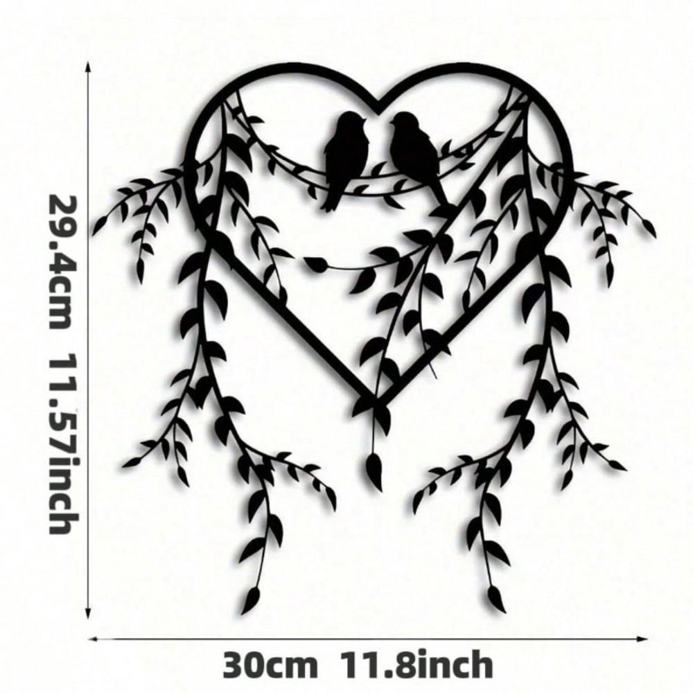 1pc Elegant Bird And Ivy Metal Wall Art - Black Heart Shaped Branch Decor, Suitable For Bedroom, Indoor Outdoor Courtyard