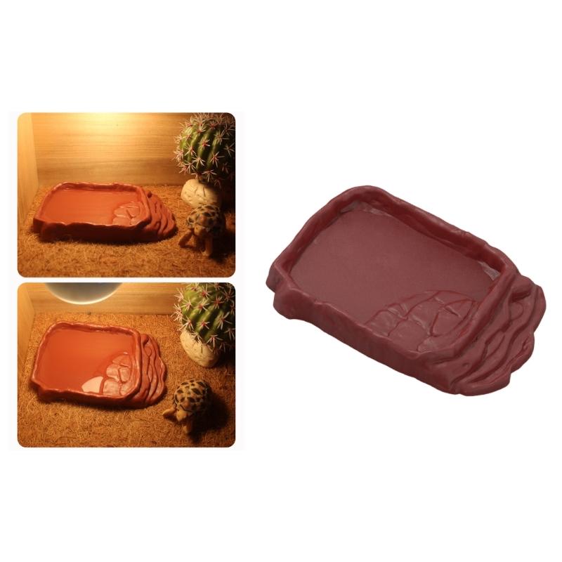 AntiSlip Reptiles Water Dish With Simulation Rock Ramp For Turtles Lizards Geckos Plastic Feeding Bowl Habitats Decors