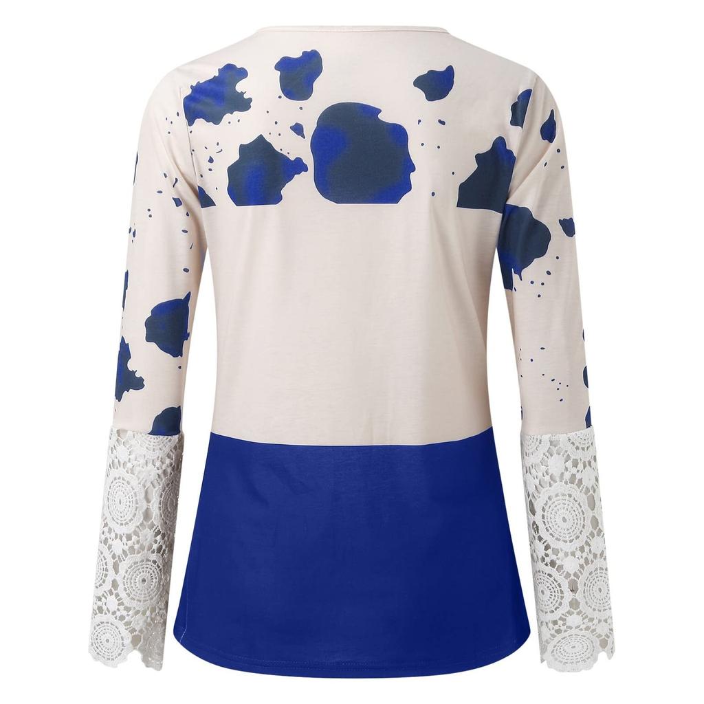 Women's Slim Fit Casual Cow Striped Lace Long Sleeve Top T-Shirt Blouse