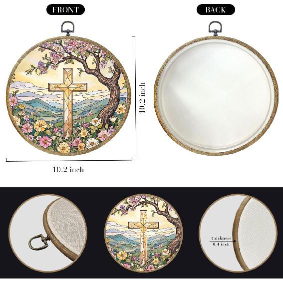 piratonal Wildflower Cross Faith Christian Gifts for Women Men Religious Gifts Framed Round Wall Decor Canvas Wall Art Hanging Prints Artwork for
