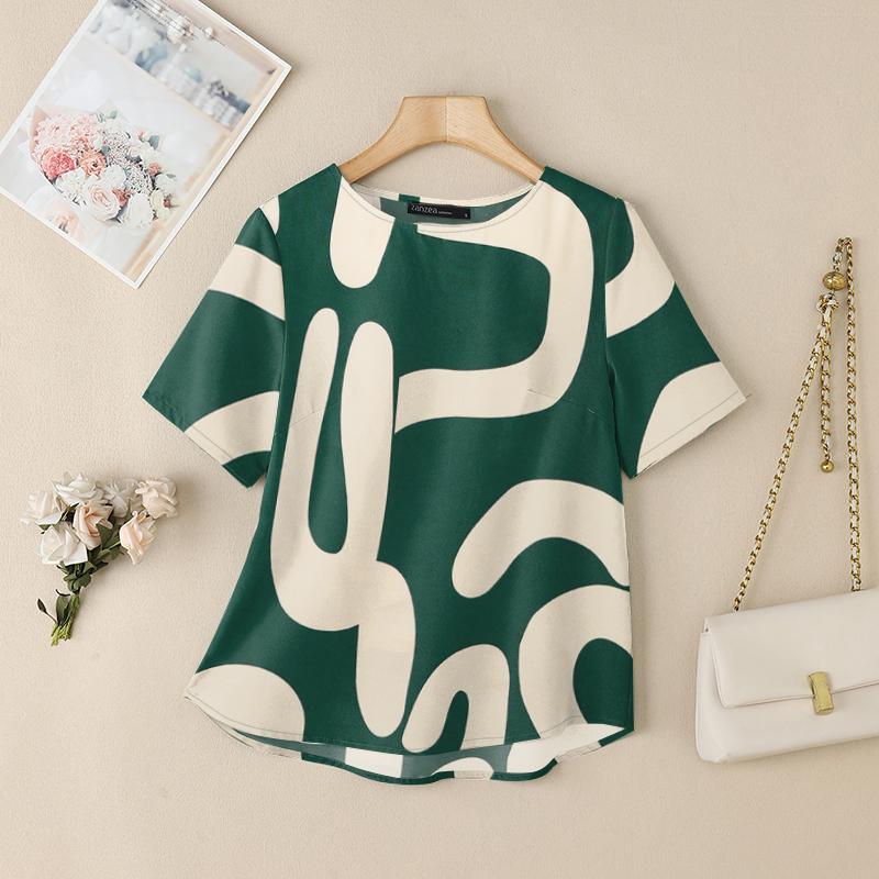 

ZANZEA Женская повседневная летняя блузка с круглым вырезом и коротким рукавом с принтом L