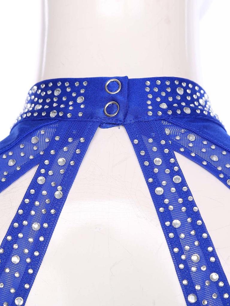 Womens Long Sleeve Skating Dress Sparkle Rhinestone Backless Irregular Hem Side Fringe Leotard Gymnastics Costume