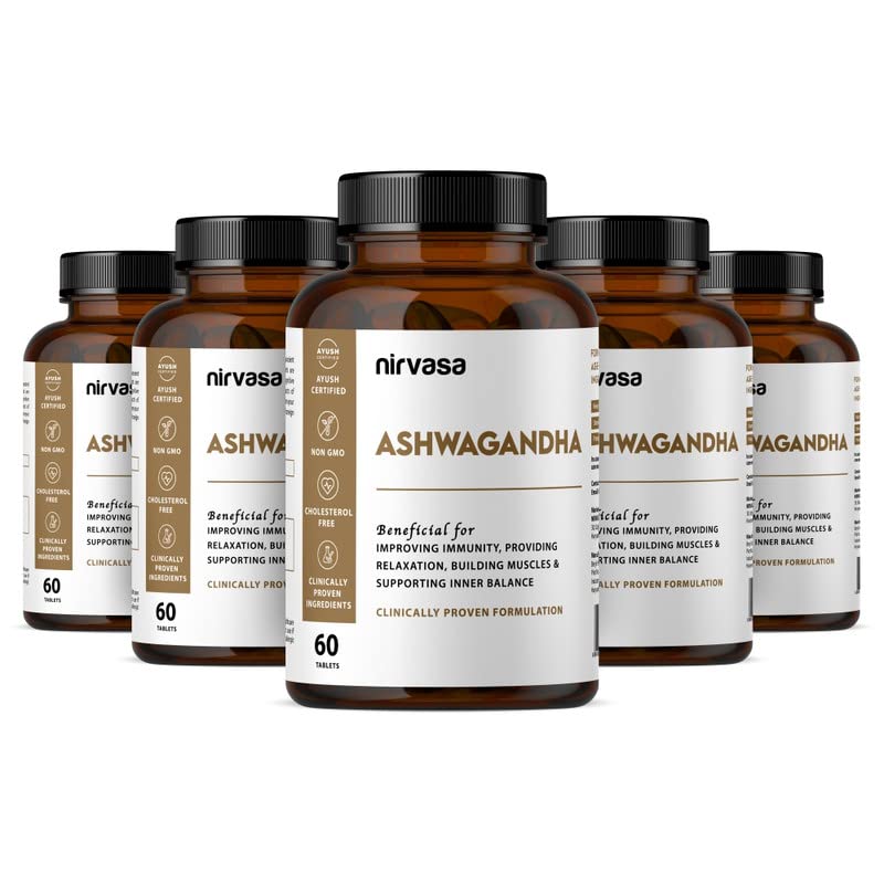 

Nirvasa Ashwagandha Tablets For Men & Women 500mg | 60 Tablets 100gm 0.2lbs Each Pack Of 5