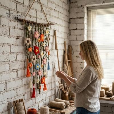 Rustic Home Decoration Bohemian Crochet Flower Hanging Tapestry, Handmade Tassels Decor Easy To Install Wall Ornaments with Wooden Stick, Living Room