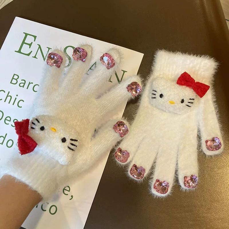 

Cute Panda Plush Knitted Five Finger Gloves For Women Winter Touchable Screen For Student Cycling Driving Warm Thick Gloves as the picture