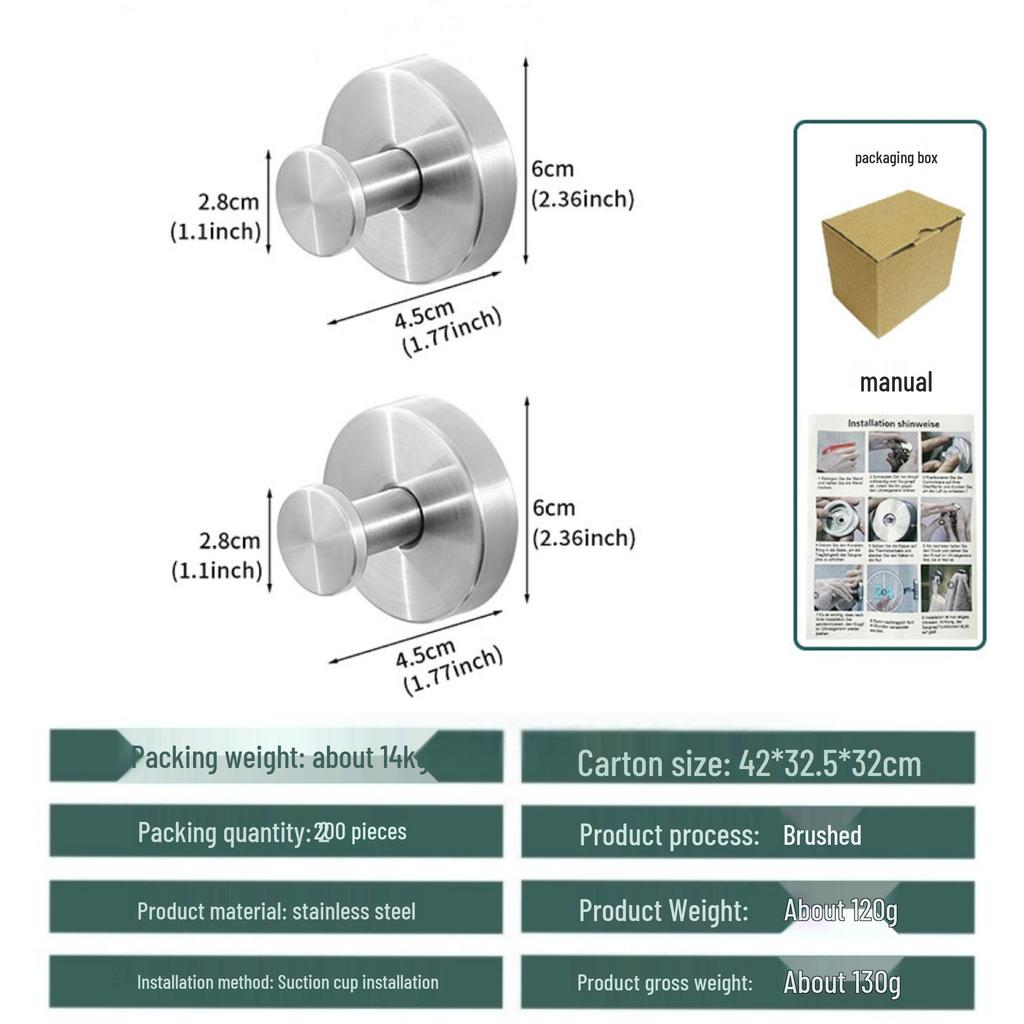 Stainless Steel No-Drill Strong Suction Cup Clothes Hook for Bathroom Glass Doors