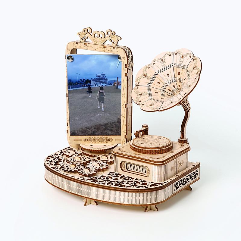 DIY 3D Wooden Puzzle Phonograph Photo Frame Miniature Model Kits Assembly Jigsaw for Kids Adults Birthday Gifts