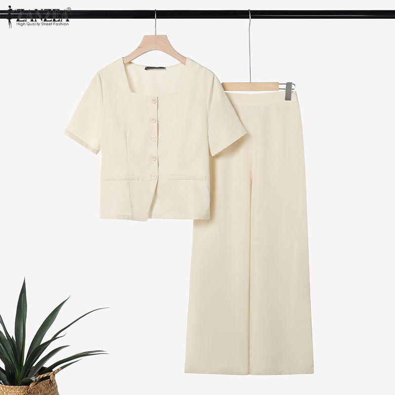 ZANZEA Damen Kurzarm Bluse und Hose Sommer Zweiteiler Anzugsets