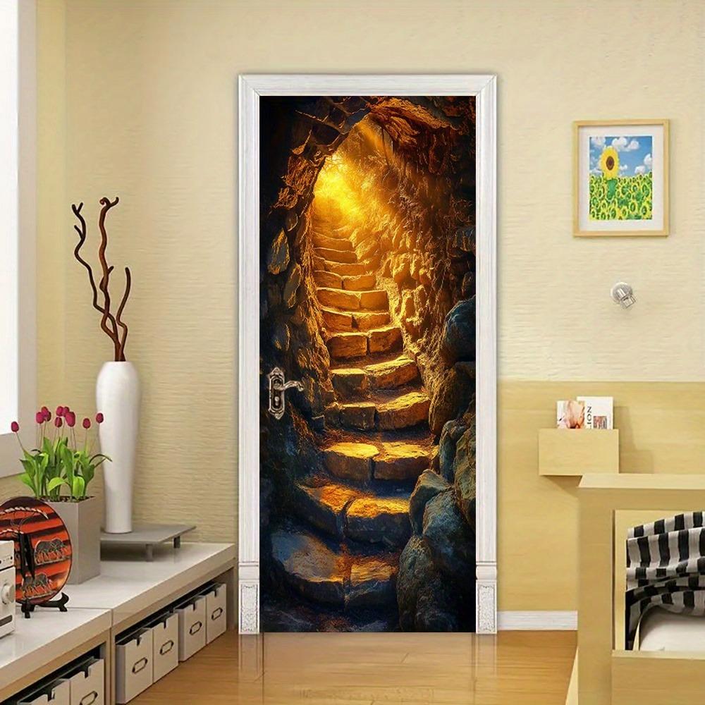 Cave scenery door stickers, suitable for bedrooms, living rooms, and bathrooms; natural landscape wall stickers.