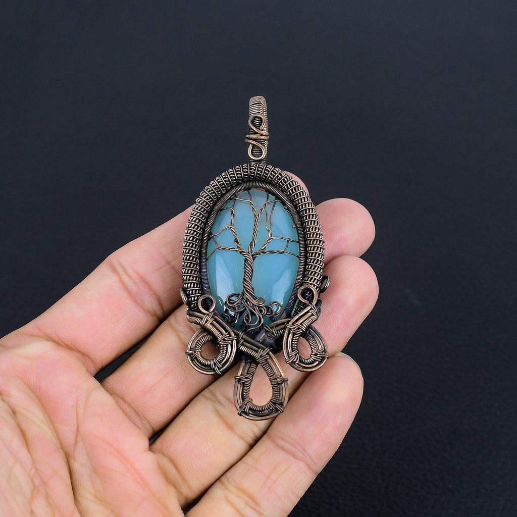 Blue Chalcedony 999 Copper Wire Wrapped Pendant, Handmade Gemstone Pendant Jewelry, Gifts For Wife Brand New Pendant