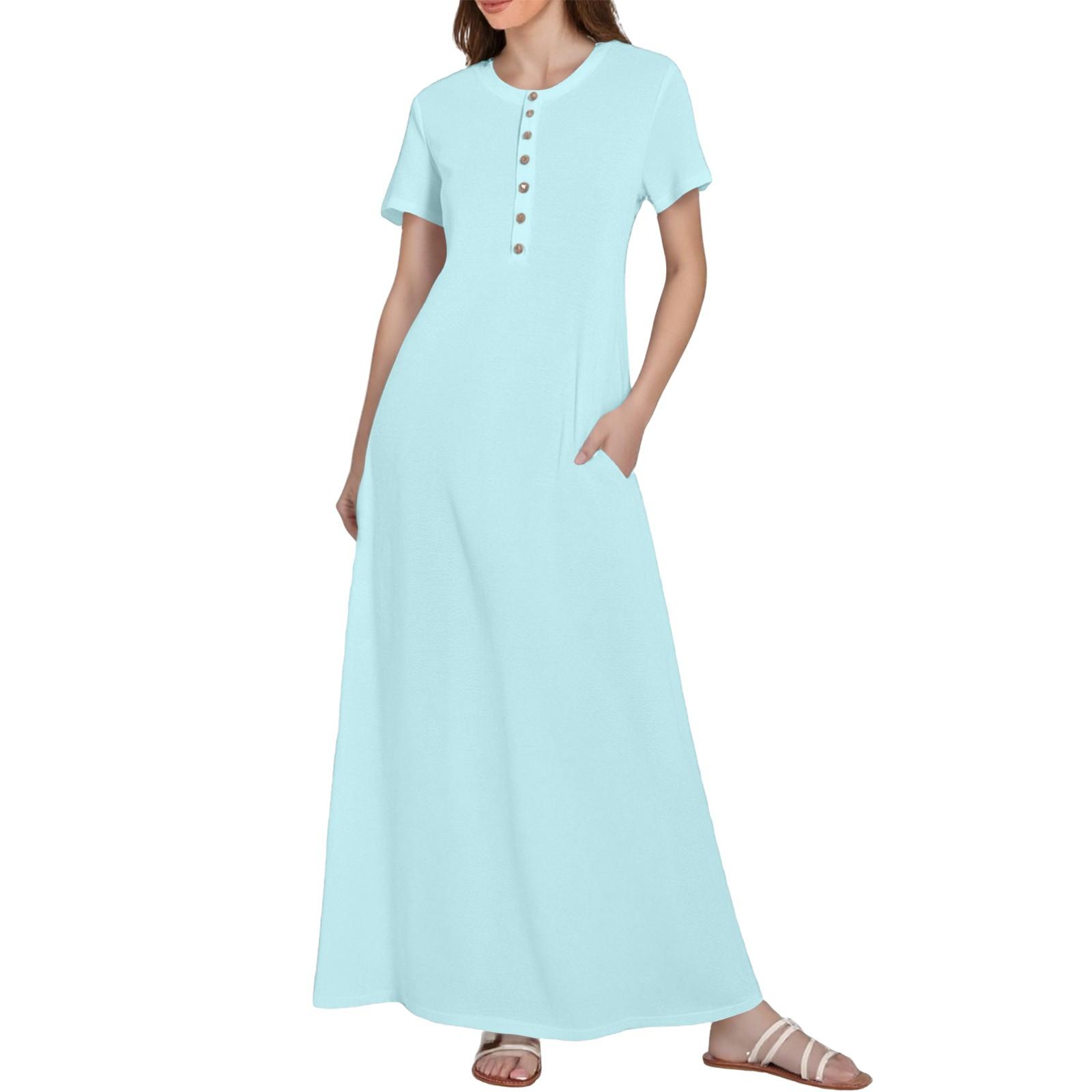 

Women s Casual Printed Summer Round Neck Button Dress With Pockets L світло-синій колір