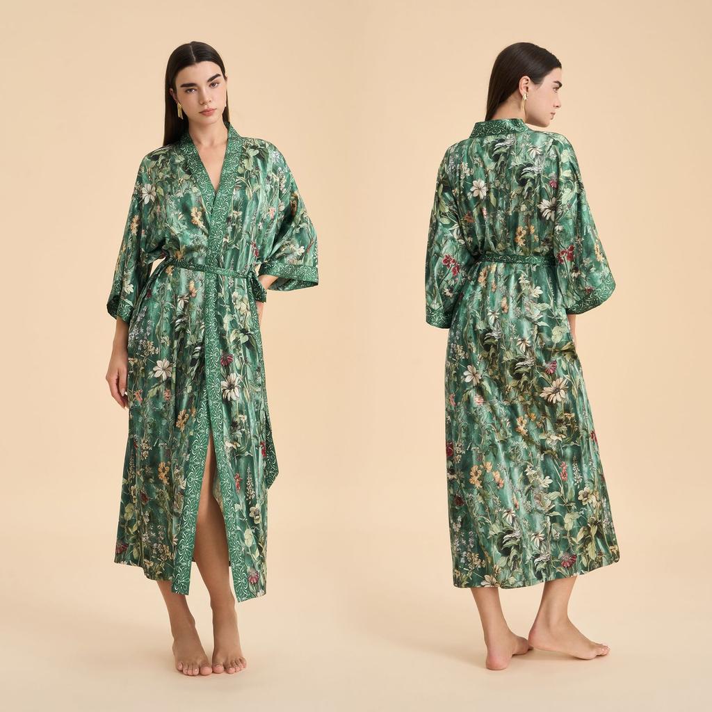 Yaoting European and American satin long-sleeved pajamas women's long loose and comfortable nightgown printed loungewear WP1981