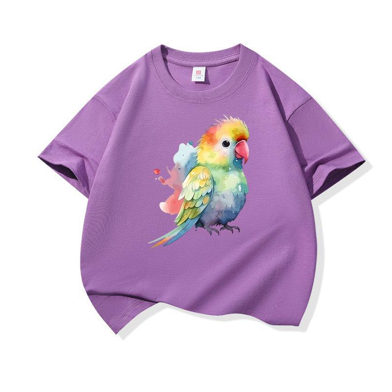 Bright Watercolor Rainbow Parrot Graphic Tee Kids Pure Cotton Crew Neck Print T Shirt Short Sleeve Muticolor Tops Boys Girls