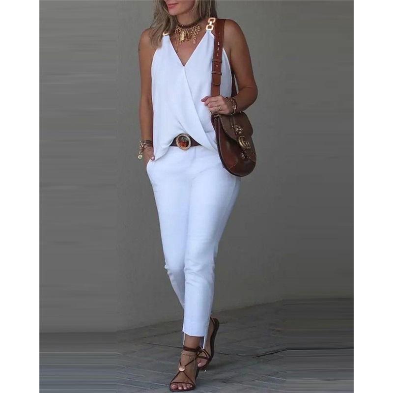 

Simple V-neck Metal Buckle Printed Vest Top Women XXL білий
