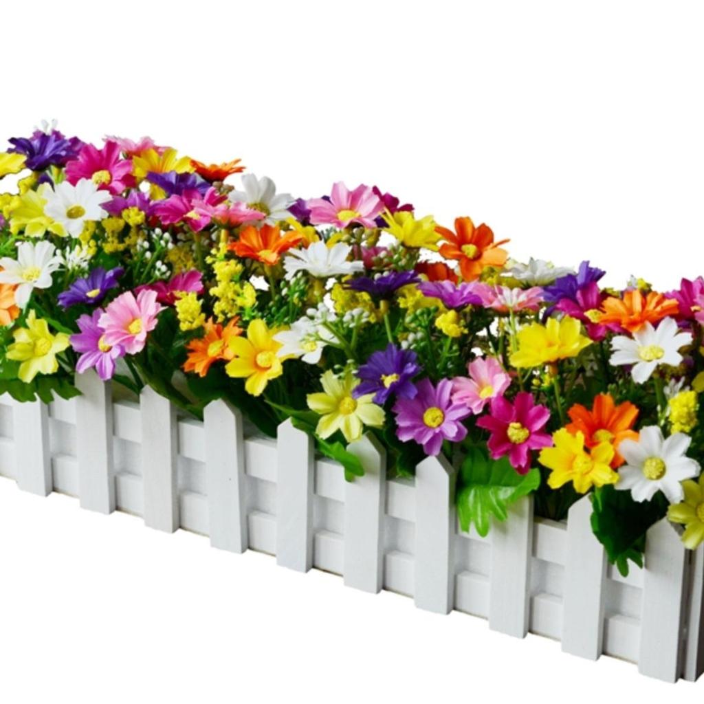 Silk & Plastic Flower Bouquet with Wooden Fence for Living Room Décor